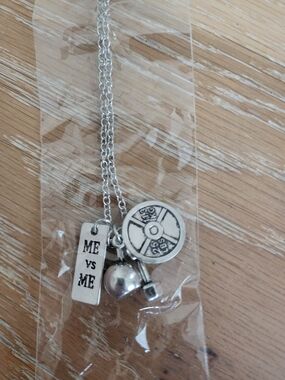 Silver Fitness Charm Necklace - 'ME vs ME' 18" Barbell, Kettleball, Dumbell
